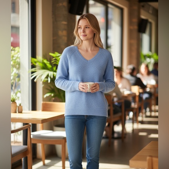 GAP women's knit vneck casual top XL blue weave cotton stretch Spring comfort - Picture 2 of 4